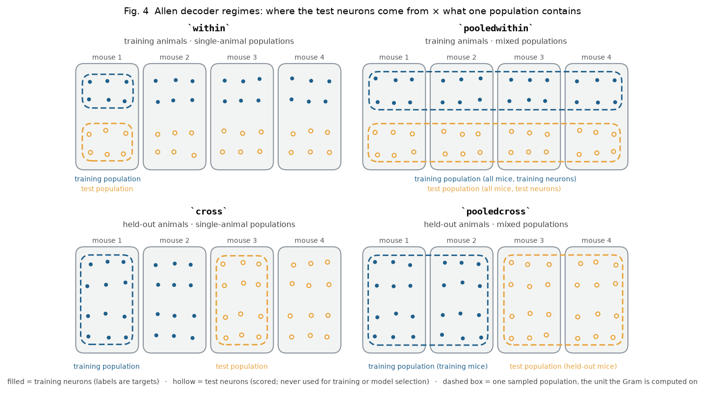 The four Allen decoder regimes: test neurons from training or held-out animals, populations drawn from one animal or mixed across animals